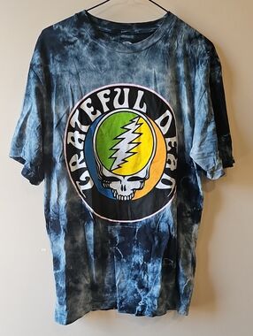 Grateful Dead Medium Tie-Dye Skull Graphic Tee - Black Blue with Green & Yellow